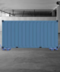 Heavy Duty Machine Skates For Moving Heavy Equipment With 360 Swivel Rollers And Steel Wheels, Industrial workhorse dollies moving a blue container.