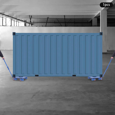 Heavy Duty Machine Skates For Moving Heavy Equipment With 360 Swivel Rollers And Steel Wheels, Industrial workhorse dollies moving a blue container.