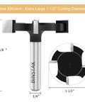 CNC Spoilboard Surfacing Router Bit, One Quarter Inch Shank, Pro Grade Extra Large One And One Half Inch Cutting Diameter, Slab Flattening And Planing Bit For Wood, Carbide Four Wing Cutter With Anti Kickback Design shown with black cutting head and silver shank.