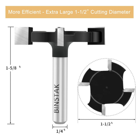 CNC Spoilboard Surfacing Router Bit, One Quarter Inch Shank, Pro Grade Extra Large One And One Half Inch Cutting Diameter, Slab Flattening And Planing Bit For Wood, Carbide Four Wing Cutter With Anti Kickback Design shown with black cutting head and silver shank.