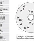 Image showing compatible router models and configurations for Premium Acrylic Router Base Plate 6.5 Inch Built Tough For Bosch And DeWalt Routers.