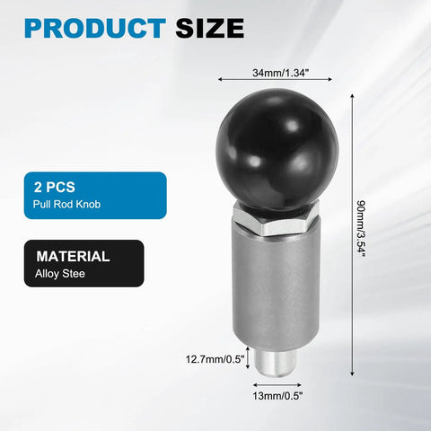 2 Pack Spring Loaded Pull Pins With Ball Knobs Rock Solid Alloy Steel Plungers 0.5 Inch Shank 1.3 Inch Grip Diameter displayed with size details.