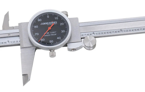 6 Inch Dial Caliper With 0.001 Inch Resolution Black Face Red Needle Stainless Steel Satin Chrome Finish Measures Inside Outside Depth In A Fitted Box