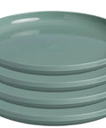 Stack of green plates from Grub Ready All In One Camp Kitchen Gear 26 Piece Outdoor Cook Set With 4 Qt Pot Lid 8 Inch Fry Pan Plates Bowls Utensils Tableware BPA Free Ultra Durable Camping Essentials For Off Grid Meals.
