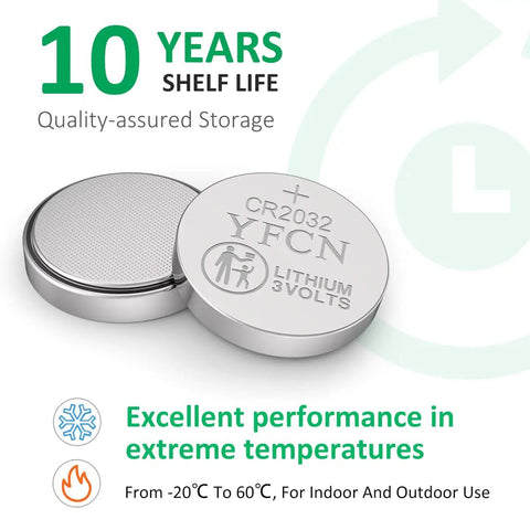 Top Shelf CR2032 3V Lithium Batteries 5 Pack durable coin cell battery showing 10 years shelf life for electronic devices.