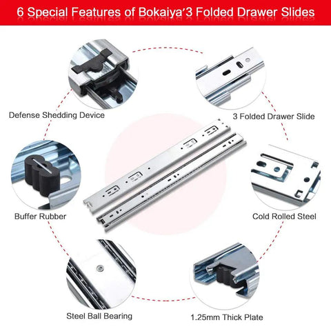 Composite image of 6 features of 22 Inch Full Extension Ball Bearing Drawer Slides Side Mount 5 Pair Heavy Duty Zinc Plated Steel
