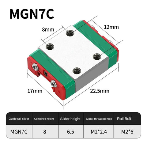 Slick Miniature Linear Rail MGN7C Slider 700mm Smooth Glide Carriage Kit dimensions with measurement details for precision 3D printer parts.