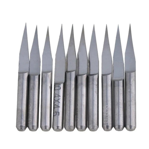 Heavy Duty 1/8 Inch Shank Ten Degree Carbide Cnc Router Bits With Zero Point One Millimeter Precision Tips For Acrylic Mdf Pcb And Two Color Boards Built Tough Runs Slick Makes Cutting A Breeze Pack Of Ten, showing sharp tips and sturdy metal shanks.