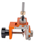 Heavy Duty Double Hole Drill Positioner Aluminum Alloy Woodworking Guide Jig with adjustable clamp and drill bit for precise alignment.
