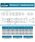 Dimensions chart of Nickel Plated Roller Chain ANSI 35NP for bikes, go karts, mini bikes, motorcycles, and industrial machinery.