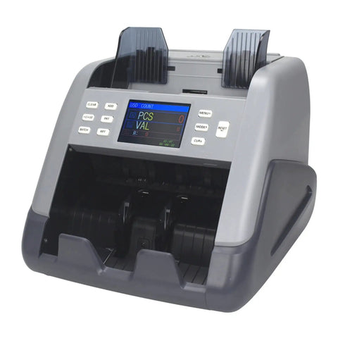 Top Shelf Cash Counter With Slick Multi Currency Mixing And Auto Cis Detection Hassle Free Bill Sorter For Tight Banknote Tracking Hustle Ready Accuracy Smooth Operation Money Detector front view showing display and bill entry.