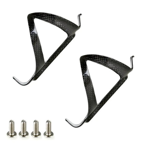 Badass Ultralight Carbon Fiber Water Bottle Cages For Bikes Featuring A Rock Solid Hold Compatible With Standard Drinkware Two Pack, showcasing two black carbon fiber cages.
