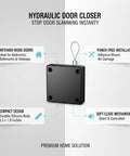 Adhesive Mounted Door Closer For Interior Wood Doors No Drill Needed Soft Close Hydraulic Damper Silicone Body shown with specs