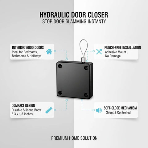 Adhesive Mounted Door Closer For Interior Wood Doors No Drill Needed Soft Close Hydraulic Damper Silicone Body shown with specs