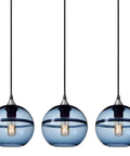 Hand Blown Glass Pendant Lights In Modern Blue With Brushed Nickel Globes, Ideal For Kitchen Island Or Dining Room Table, 7.4 Inch Diameter, Three Pack Set For Easy, High Impact Ambience.