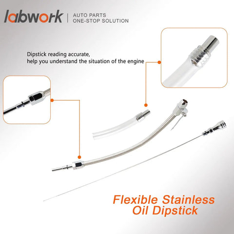 Flexible Stainless Oil Dipstick Replacement For LSX LS1 LS2 LS6 4.8L 5.7L 6.0L 6.2L Engines shown with components and features.