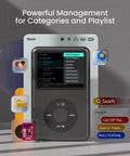 Bluetooth MP3 Player With 128GB Storage Portable Music Player displaying playlist management in black color