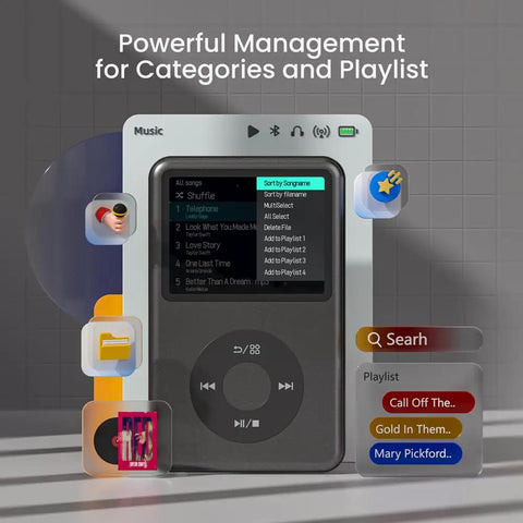 Bluetooth MP3 Player With 128GB Storage Portable Music Player displaying playlist management in black color