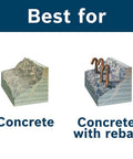 Bosch HC5091 SDS-max Speed-X carbide rotary hammer bit for concrete drilling; two concrete blocks, one with rebar.