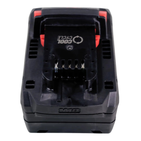 Top view of M18 RedLithium High Output 18V 8.0Ah Lithium-Ion Battery Pack for cordless power tools, black durable case.