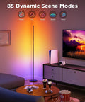 Govee RGBIC Floor Lamp Basic standing lamp in a living room corner; multicolor ambient light on the wall