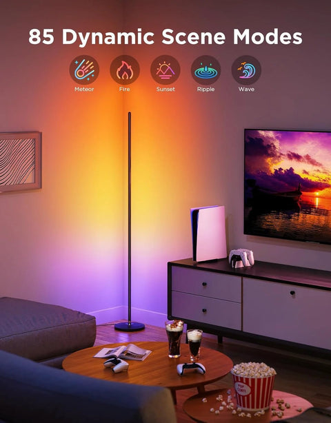 Govee RGBIC Floor Lamp Basic standing lamp in a living room corner; multicolor ambient light on the wall