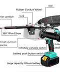 Heavy Duty Cordless Electric Wire Cable Puller With Killer Torque For Smooth Conduit Stringing And Quick Drywall Projects Includes One Ready To Roll Battery Pack close-up showing features like the 360° wire elbow and rubberized handle.