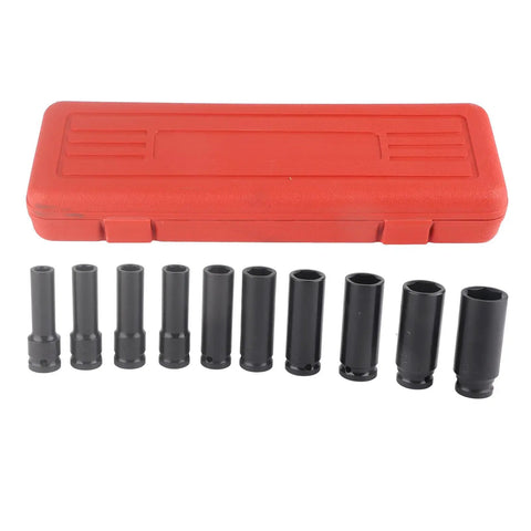 Rock Solid 10pc Deep Impact Socket Set For Cars And Gear Heads, Made From Top Tier Chrome Vanadium Steel Tough As Nails For Quick Repairs On Any Vehicle Or Heavy Duty Job At The Shop, red case