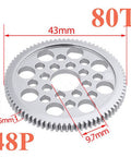 7075 Aluminum 48P Spur Gear 80T Upgrade for Sakura D3 CS SXI XIS, showing 43mm diameter and 3.5mm thickness.