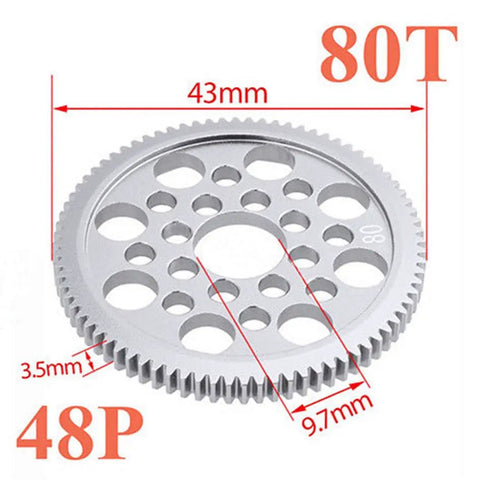 7075 Aluminum 48P Spur Gear 80T Upgrade for Sakura D3 CS SXI XIS, showing 43mm diameter and 3.5mm thickness.