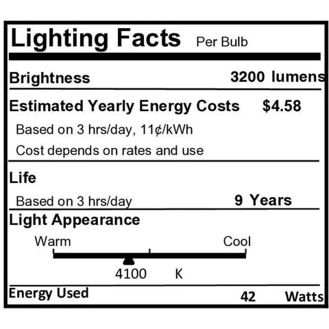 Lighting facts label for Six Pack 42 Watt GX24Q 4 Pin Triple Tube CFL Bulbs 4100K Cool White Compact Fluorescent Lighting