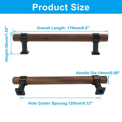 Product dimensions of Two Pack Wooden Drawer Pull Handles Set With 128mm Center Hole Spacing for kitchen cabinets and dressers