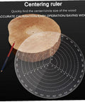 Woodturning center finder ruler, transparent acrylic with circular grid on wood log cross-section