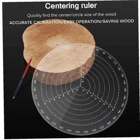 Woodturning center finder ruler, transparent acrylic with circular grid on wood log cross-section
