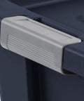 Close-up of the durable gray handle on an Eight Pack Heavy Duty Storage Bins With Secure Snap Lids Rock Solid Plastic Totes.