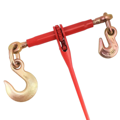 Beefed Up Heavy Duty Ratchet Load Binder Set 5/16 to 3/8 Inch Chains 5400 Lbs Working Load Drop Forged Tie Down Binders With Grappling Hook