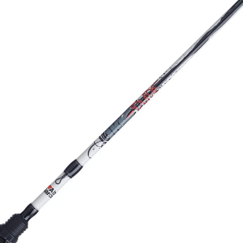 Close-up of the Youth Spincast Fishing Rod And Reel Ike Dude 5 Foot 6 Inch 2 Piece with white graphite rod and black handle detail.