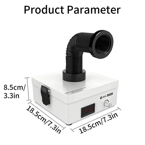 Heavy Duty Solder Fume Extractor With 3 Stage Filter And Top Notch Suction, showing dimensions with digital display