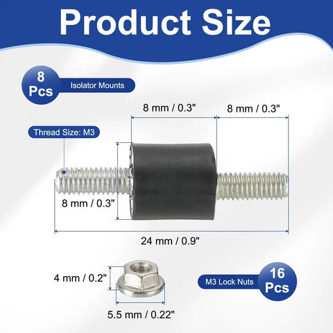 Solid M3 Rubber Isolator Mounts 8x8mm Pack Of 8 Anti Vibration Dampers With Lock Nuts For Motors, Air Compressors, And Small Engines, 24mm Height, Easy Install, Durable Fit, size chart with M3 thread and lock nut