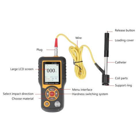 All In One Portable Durometer Hardness Tester With Color Screen ABS Hardness Meter HSD Scale 170HL To 960HL HT 1208 Displays Seven Hardness Scales Long Battery Life 40 Set Data Storage, handheld unit with probe