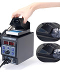Hand using 2 In 1 Soldering Station with Hot Air Gun and Soldering Iron, dual digital display showing 300°C, quick heat up feature.
