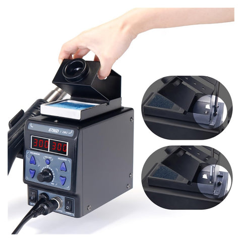 Hand using 2 In 1 Soldering Station with Hot Air Gun and Soldering Iron, dual digital display showing 300°C, quick heat up feature.