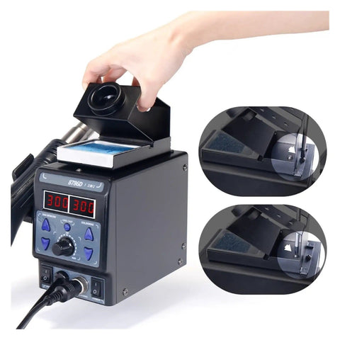 Hand adjusting 2 In 1 SMD Soldering Station With Hot Air Gun And Soldering Iron, Dual Digital Display. Ideal for electronics repair.