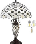 Cream Stained Glass Table Lamp With Mother Daughter Vase Base, Crystal Pearl Bead Accents, 16 Inch Shade, 24 Inch Tall, Antique Bronze Finish