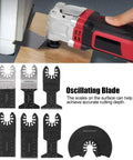 Oscillating saw cutting wood with 52 Piece High Carbon Steel Oscillating Saw Blades Kit for wood metal plastic drywall