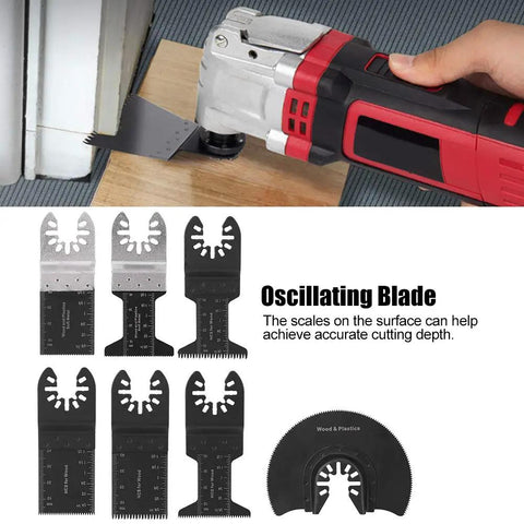 Oscillating saw cutting wood with 52 Piece High Carbon Steel Oscillating Saw Blades Kit for wood metal plastic drywall