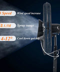Heavy Duty 380W Misting Oscillating Fan 90 Degree Pivot Spray Cooling System With Atomization Mist Generator features three speed settings.