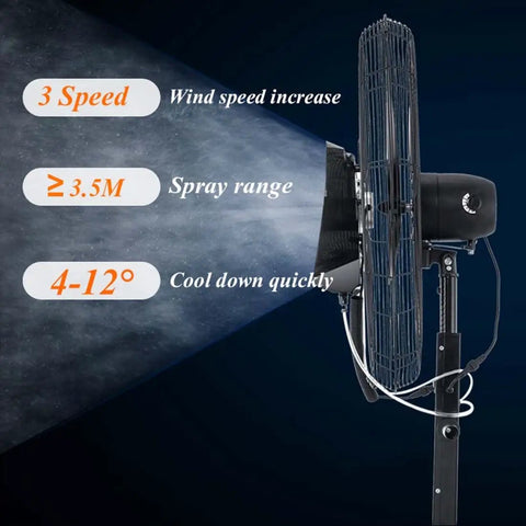 Heavy Duty 380W Misting Oscillating Fan 90 Degree Pivot Spray Cooling System With Atomization Mist Generator features three speed settings.