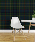 Classic Traditional Print Pre Pasted Removable Wallpaper Easy Peasy Install For Rented Spaces And Accent Walls Snaps Right Into Place Zero Pressure Printed In Usa on dark plaid wall with white chair.