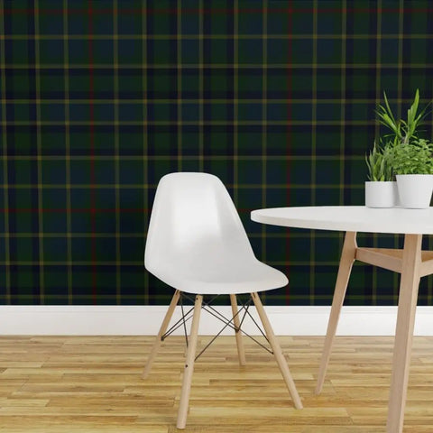 Classic Traditional Print Pre Pasted Removable Wallpaper Easy Peasy Install For Rented Spaces And Accent Walls Snaps Right Into Place Zero Pressure Printed In Usa on dark plaid wall with white chair.
